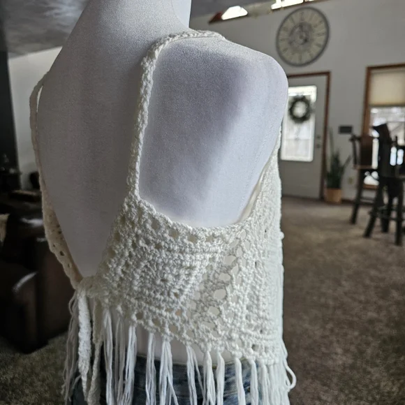 White Festival Boho Open Crochet Sleeveless Tie Back Top Size S - Picture 5 of 7